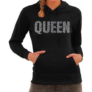 Glitter Queen hoodie zwart met steentjes/ rhinestones voor dames - Glitter kleding/ foute party outfit - Truien met capuchon L