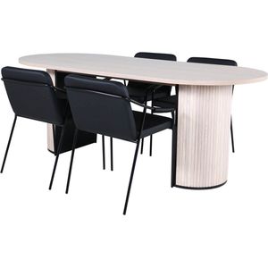 BiancaWW eethoek eetkamertafel eik fineer wit washed en 4 Tvist eetkamerstal PU kunstleer zwart.