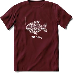 I Love Fishing - Vissen T-Shirt | Wit | Grappig Verjaardag Vis Hobby Cadeau Shirt | Dames - Heren - Unisex | Tshirt Hengelsport Kleding Kado - Burgundy - M