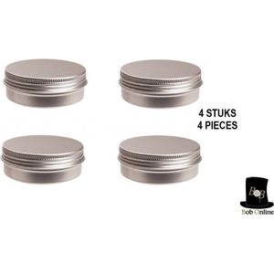 Bob Online™ - 4 Stuks – Zilverkleurig – Ronde Aluminium Blikjes – Metalen Ronde Containers – 30 ml Capaciteit – Schroefdeksel Kleine Lege Opberg Blikjes voor Kaarsen, Crème, Cosmetica, Specerijen, Kerstdecoraties – 5,5 cm x 2 cm – Gewicht 8g