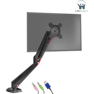 LifeStages - Monitor Arm 1 Scherm - Enkele PC Monitorbeugel - Aluminium - Arm Voor 1 13“-27” LED LCD TV Televisiescherm - VESA 75 100 Plaat - Computer Display Stand - Koptelefoon USB Microfoon Uitbreidingspoorten - Zwart