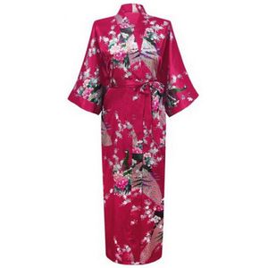 KIMU® Kimono Bordeauxrood Maxi - Maat XL-XXL - Yukata Satijn Lang - Lange Donkerrode Ochtendjas Japanse Kamerjas Sexy Satijnen Badjas Geisha Pauwen Festival