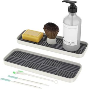 Gootsteenorganizer Slim, gootsteenafdruiprek met reinigingsborstels, klein afdruiprek, badkamerorganizer voor spons en zeep (donkergrijs, 30 x 10 x 3 cm, 2 stuks)