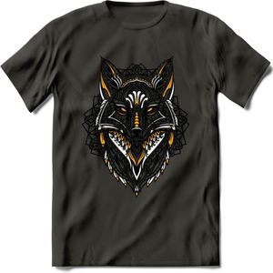 Vos - Dieren Mandala T-Shirt | Geel | Grappig Verjaardag Zentangle Dierenkop Cadeau Shirt | Dames - Heren - Unisex | Wildlife Tshirt Kleding Kado | - Donker Grijs - 3XL