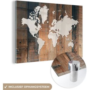 MuchoWow® Glasschilderij 180x120 cm - Schilderij acrylglas - Wereldkaart - Hout - Wit - Foto op glas - Schilderijen