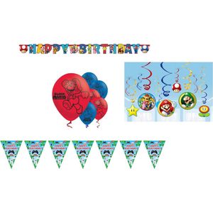 Amscan – Super Mario – Versierpakket – Letterslinger – Plafond decoratie – Vlaggenlijn - Ballonnen – Versiering - Kinderfeest.