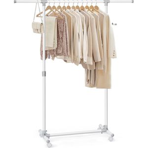 Kledingrek op wieltjes, kledingstang, in hoogte verstelbaar tussen 97 en 165 cm, uittrekbare garderobestang, zijhaken voor accessoires, wit