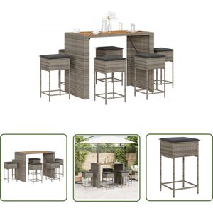 The Living Store 7-delige Tuinbarset met kussens poly rattan grijs - Tuinbarset - Buitendecoratie - Lounge Set - Outdoor Furniture - Bistro Set