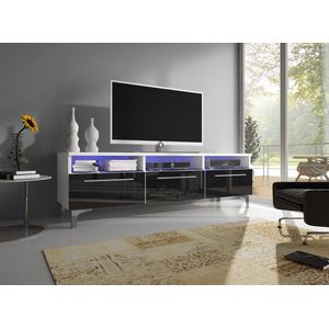 RTV 2W - TV-meubel + LED, woonkamermeubel, wit/zwart glans, op poten met planken, breedte 150 cm - Maxi Maja