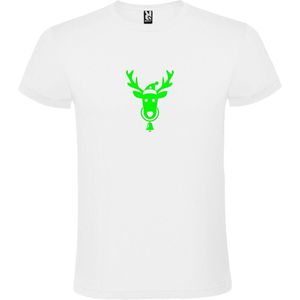 Wit T-Shirt met “ Kerst Eland / Rendier “ Afbeelding Neon Groen Size L