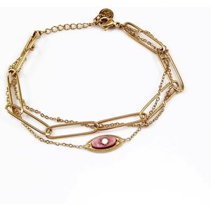 Dottilove Dames Armband 3 Lagen - Roze Natuursteen - 14K Geelgoud Vergulde - Schakelsarmband