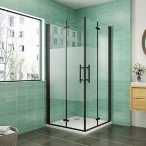 Douchecabine Rechthoek Black Poppy 110x76 cm Dubbele Vouwdeur 6mm Semi Gesatineerd Glas Mat Zwart Antikalk