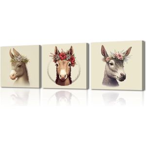 Afbeelding afgedrukt op Canvas - Paard met Bloemen - Moderne Wanddecoratie - Woonkamer Slaapkamer - Verjaardagscadeau - 3 Stuks - 30 x 30 cm