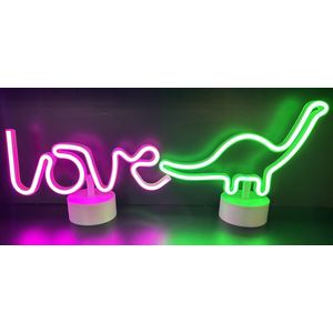 LED love en dino met neonlicht - Set van 2 stuks - roze en groene neon licht - hoogte 28.5 x 16 x 8.5 cm / 27 x 21 x 8.5 cm - Werkt op batterijen en USB - Tafellamp - Nachtlamp - Decoratieve verlichting - Woonaccessoires