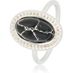 My Bendel Vintage ring zilverkleurig met zwarte steen - Edelstalen vintage ring met zwart marmeren steen - Met luxe cadeauverpakking