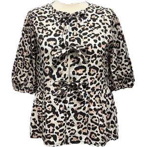 Dilena fashion Blouse cotton katoen geknoopt strik knotted luipaard panter print
