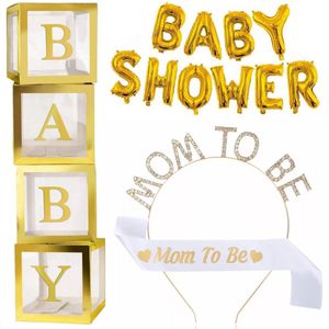 7-delige babyshower set met diadeem, sjerp, folie ballonslinger en ballonboxen - ballonbox - ballonblok - babyshower - genderreveal - geboorte - baby