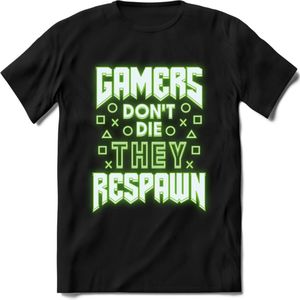 Gamers don't die T-shirt | Neon Groen | Gaming kleding | Grappig game verjaardag cadeau shirt Heren – Dames – Unisex | - Zwart - 3XL