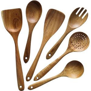 6-Piece Acacia Wood Kitchen Utensil Set - Japanese Style, Scratch-Resistant - Heat-Resistant Cooking Spoons for Non-Stick Cookware