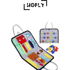 Hofly Busy Board - Grijs- Motoriek Speelgoed Map Sensorisch Speelgoed - Extra Duurzaam met Hoogwaardig Leren Afwerking - Unisex Montessori Leren Veter Strikken Knopen Leggen Activiteitenbord - Educatief Spel