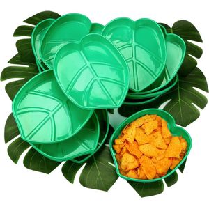 Palmblad Snack Dienblad Hawaii Stijl Herbruikbaar Voedsel Dienblad met Tropische Imitatie Groene Plant Bladeren, Koekjes Chips, Snoep Saus, voor Eiland Feest Decoratie, 12 Sets, 8.3 x 7 Inches