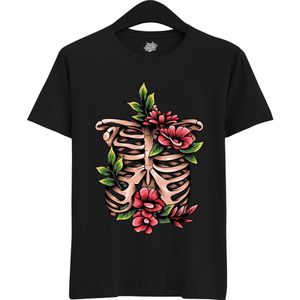 Blooming Bones Ribcage - Halloween Ribbenkast Dames / Heren Unisex T-shirt - Grappig Kostuum Shirt Idee Volwassenen - T-Shirt - Unisex - Zwart - Maat 4XL