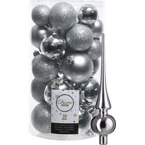 Decoris kerstballen 30x stuks - zilver 4/5/6 cm kunststof mat/glans/glitter mix en shiny glazen piek 26 cm