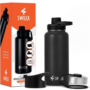 SWILIX ® RVS Drinkfles - Waterfles 950ml - Lekvrij - Dubbelwandig - Insulated Thermosfles voor Sport, Fitness, Outdoor - 3 Drinkdoppen - Zwart