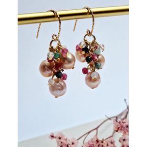 Parel oorbellen - Cluster oorhangers met Roze Parel - Smaragd - Roze Topaas - Opaal - 925 sterling zilver - 18k goldplated - Zoetwaterparel -