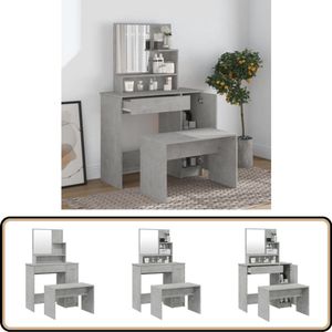 vidaXL Kaptafelset - Betongrijs - Inclusief Krukje Kaptafel - Make-up Tafel - Dressing Table - Badkamer Meubel - Beton Grijs