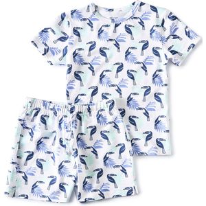 Little Label Pyjama Jongens Maat 98-104 - Wit, Blauw, Mint - Zachte BIO Katoen - Shortama - 2-delige zomer pyama jongens - Toekanprint