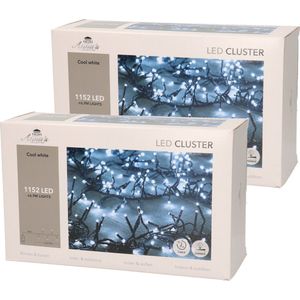 Set van 2x stuks clusterverlichting helder wit buiten 1152 lampjes met timer - Kerstverlichting - Boomverlichting/feestverlichting lichtsnoeren