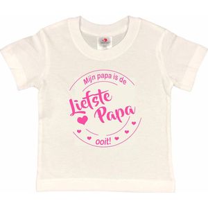 T-shirt Kinderen ""Mijn papa is de liefste papa ooit!"" Vaderdag | korte mouw | Wit/roze | maat 122/128