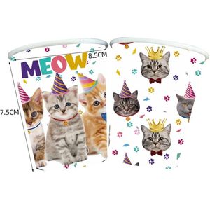 Pak met 10 bekertjes Meow Cats wit met diverse poezen afbeeldingen -poes - kat - huisdier - beker