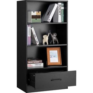 120 cm boekenkast met laden, 4 niveaus opbergrek van hout, staand rek (zwart)