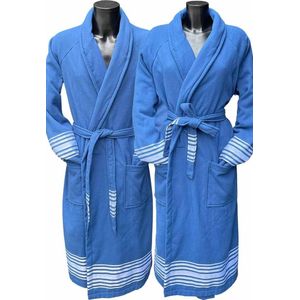 Hamam badjas katoen �– sauna badjas hamam voor dames & heren unisex – sjaalkraag – hammam ochtendjas kamerjas - blauw S/M