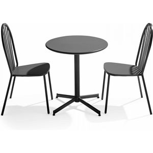 Oviala - Set ronde tafel en 2 bistro tuinstoelen van grijs metaal - Palavas