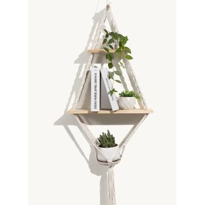 Inovra ® Handgemaakte Boheemse Wandplank van Natuurlijk Grenenhout met Macramé Ontwerp