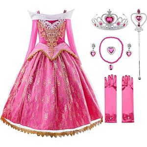 Prinsessenjurk Meisje - Roze Jurk - Verkleedkleren Meisje - maat 116/122 (120) - Prinsessen Verkleedkleding - Kroon - Toverstaf - Handschoenen - Carnavalskleding Kinderen - Kleed - Verjaardag meisje - Cadeau meisje