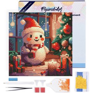 Figured'Art Mini Diamond Painting set Volwassenen 25x25 cm met lijst Blije Sneeuwpop in de Kamer - 5D DIY Art full drill ronde diamant - Canvas al ingelijst