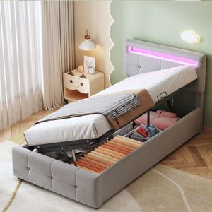 Gestoffeerd kinderbed 90x200 cm, met LED-verlichting, hydraulisch opbergbed, hoog eenpersoons opbergbed, fluwelen stof, grijs