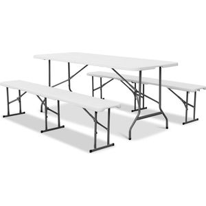 Fiesta opvouwbare receptie tafel en plastic banken 180cm, campingtafel