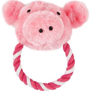 Nobleza hondenknuffel pluche varken met speeltouw - Hondenspeelgoed - Piepspeelgoed hond - Flostouw hond - Trektouw hond - Speeltouw hond - Hondenknuffel - Roze