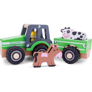 New Classic Toys - Houten Tractor met Aanhanger en 2 Dieren - Groen - Speelgoedvoertuig