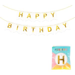 Festivz Wit & Gouden Happy Birthday Banner - 16x20cm - White and Gold - Verjaardag - Birthday - Feest