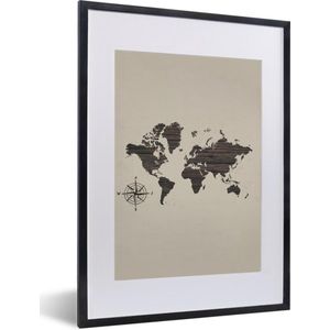 Fotolijst incl. Poster - Wereldkaart - Hout - Kompas - 30x40 cm - Posterlijst