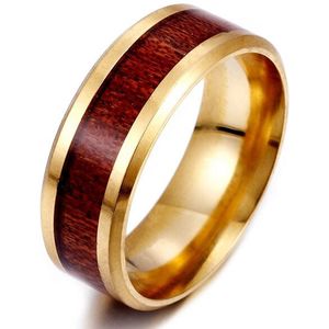 Heren Ring Goud kleurig ingelegd met Hout - Ringen Mannen Dames - Staal - Cadeau voor Man - Mannen Cadeautjes