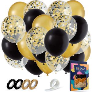 Fissaly 40 Stuks Goud, Zwart & Papieren Confetti Ballonnen met Accessoires – Decoratie Versiering - Latex