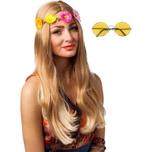 Hippie Flower Power verkleed hoofdband en ronde gele glazen party bril