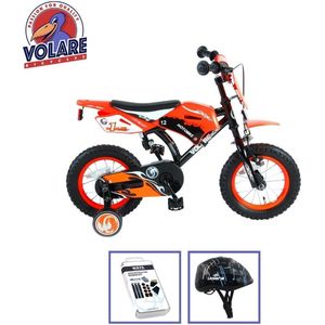 Volare Kinderfiets Motorbike - 12 inch - Oranje - Met fietshelm & accessoires